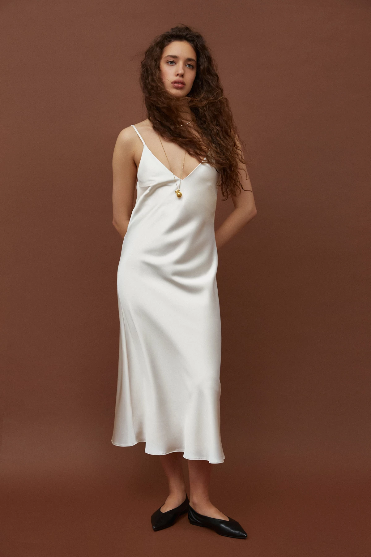 Milky white slip dress of dense satin, photo 1