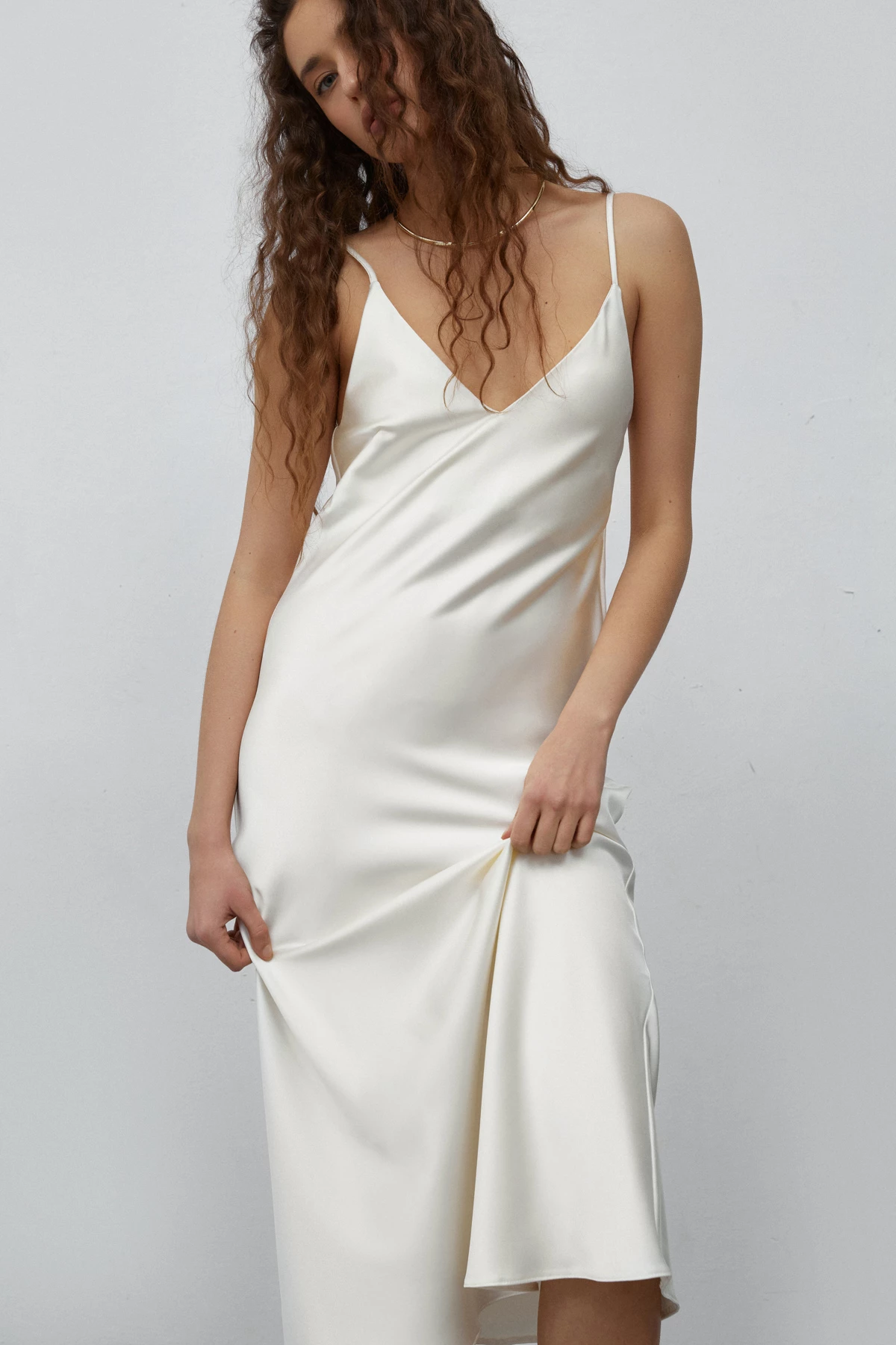 Milky white slip dress of dense satin, photo 2