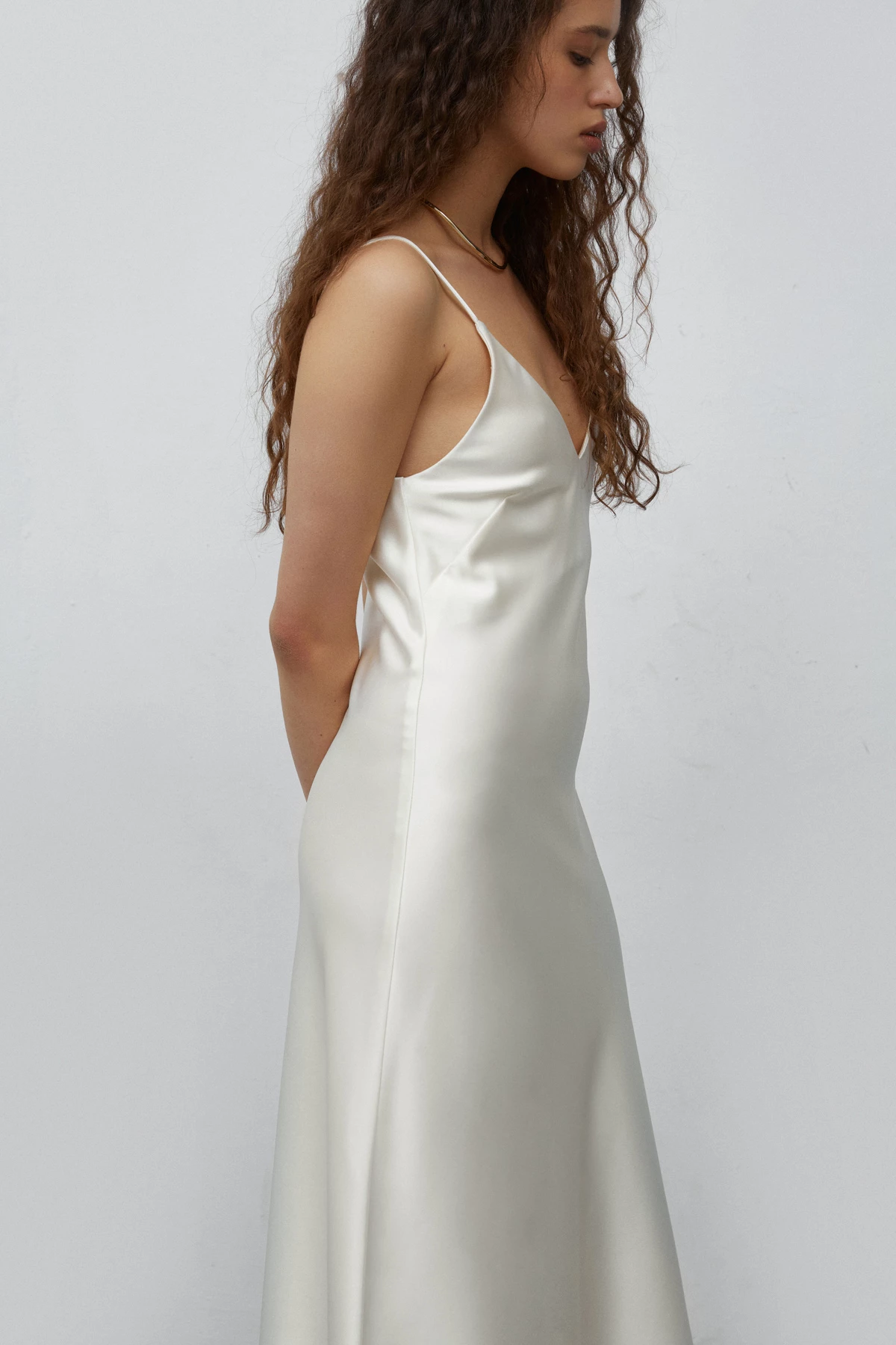 Milky white slip dress of dense satin, photo 3