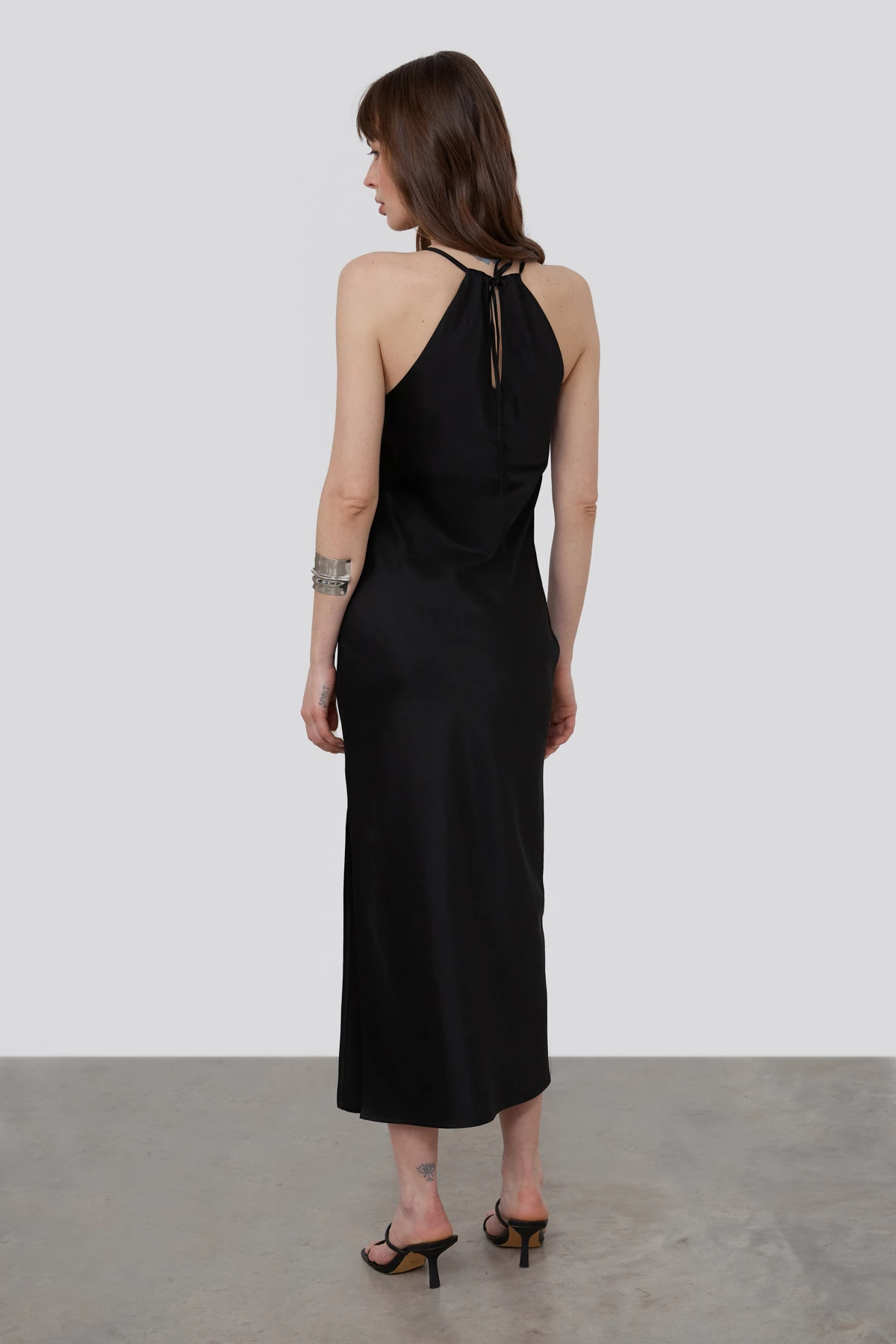Black long midi slip dress of satin-atlas, photo 3