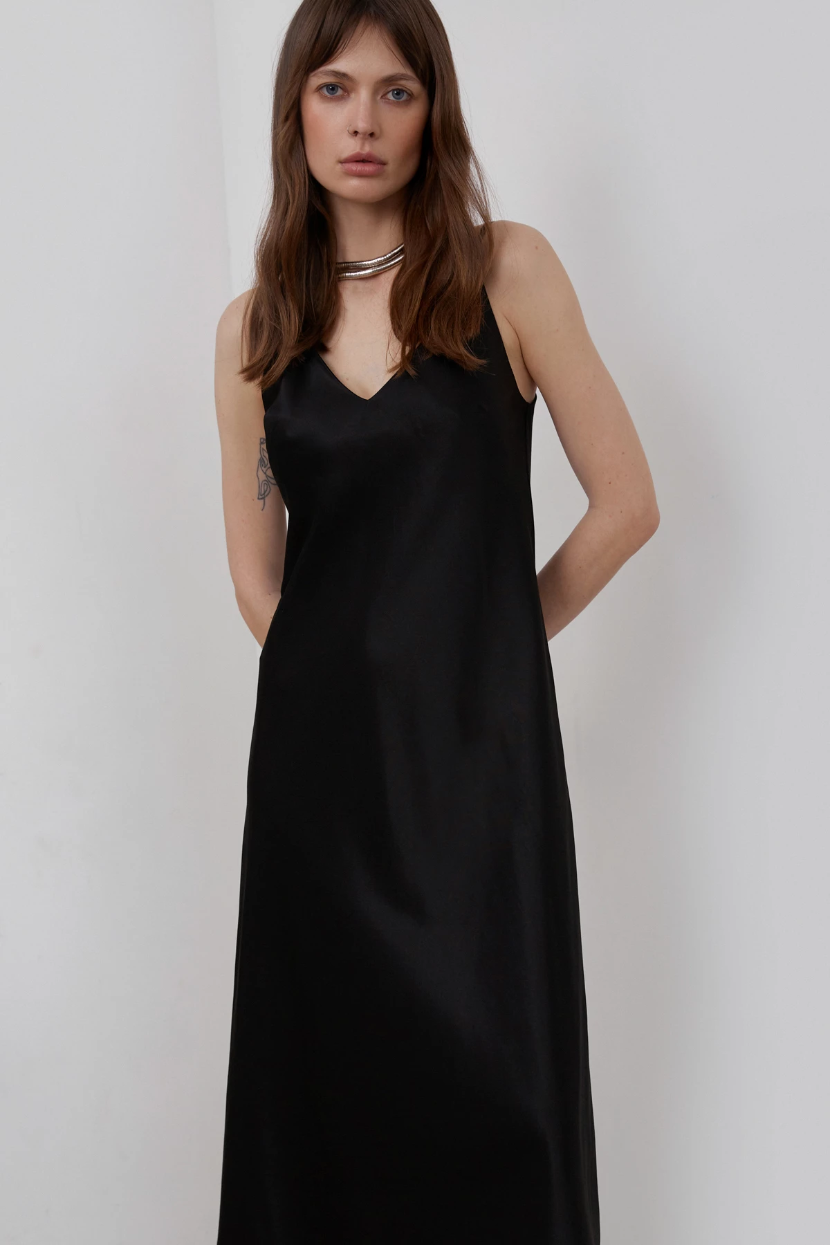 Black satin midi length slip dress, photo 2