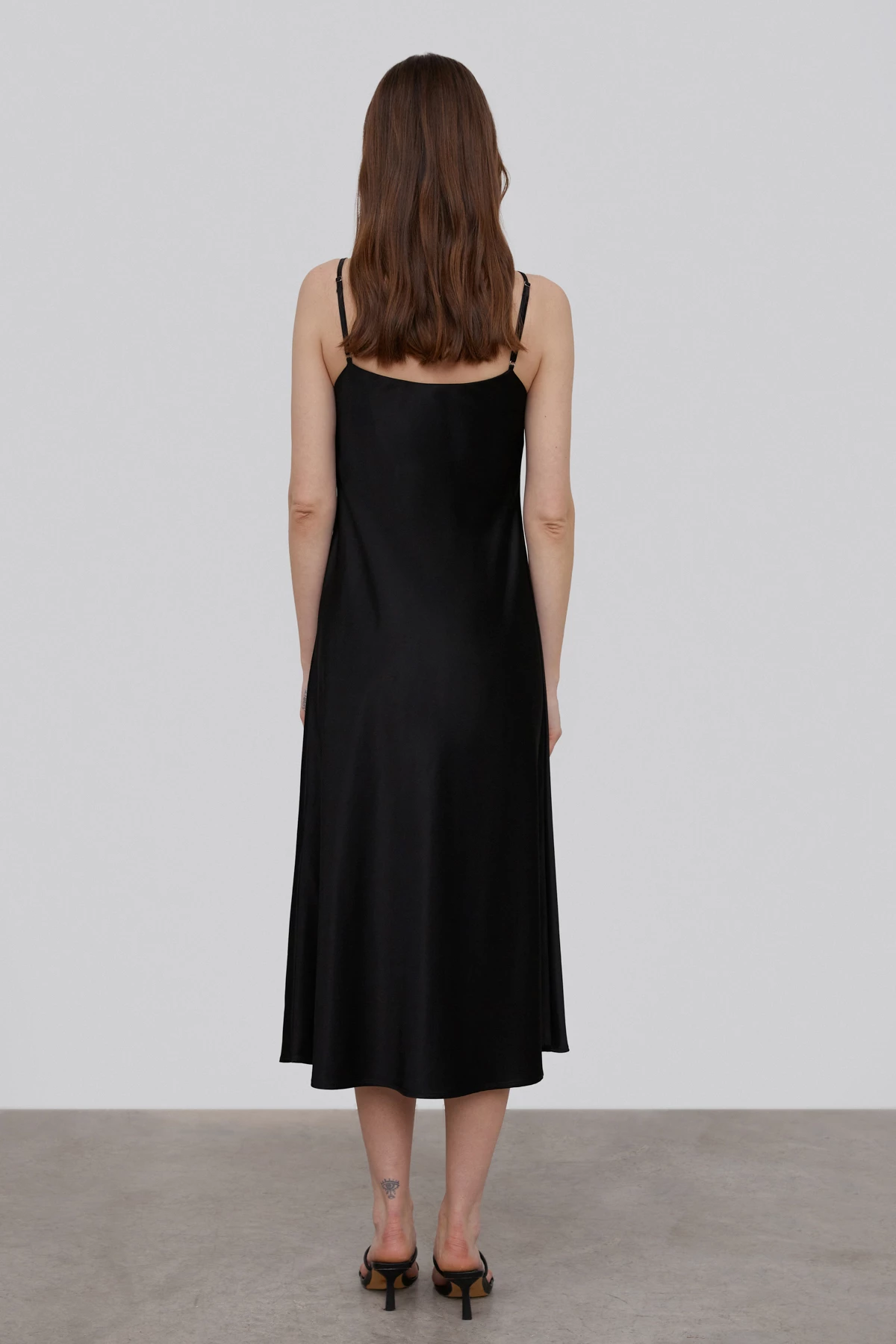 Black satin midi length slip dress, photo 3