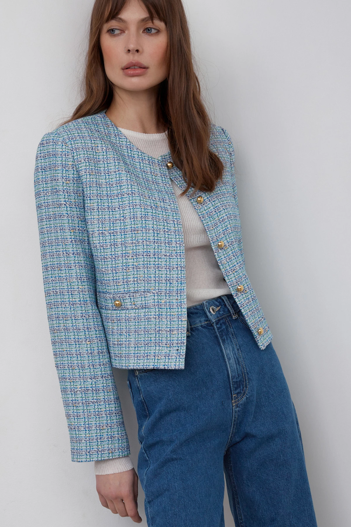 Blue tweed jacket with cotton, photo 1
