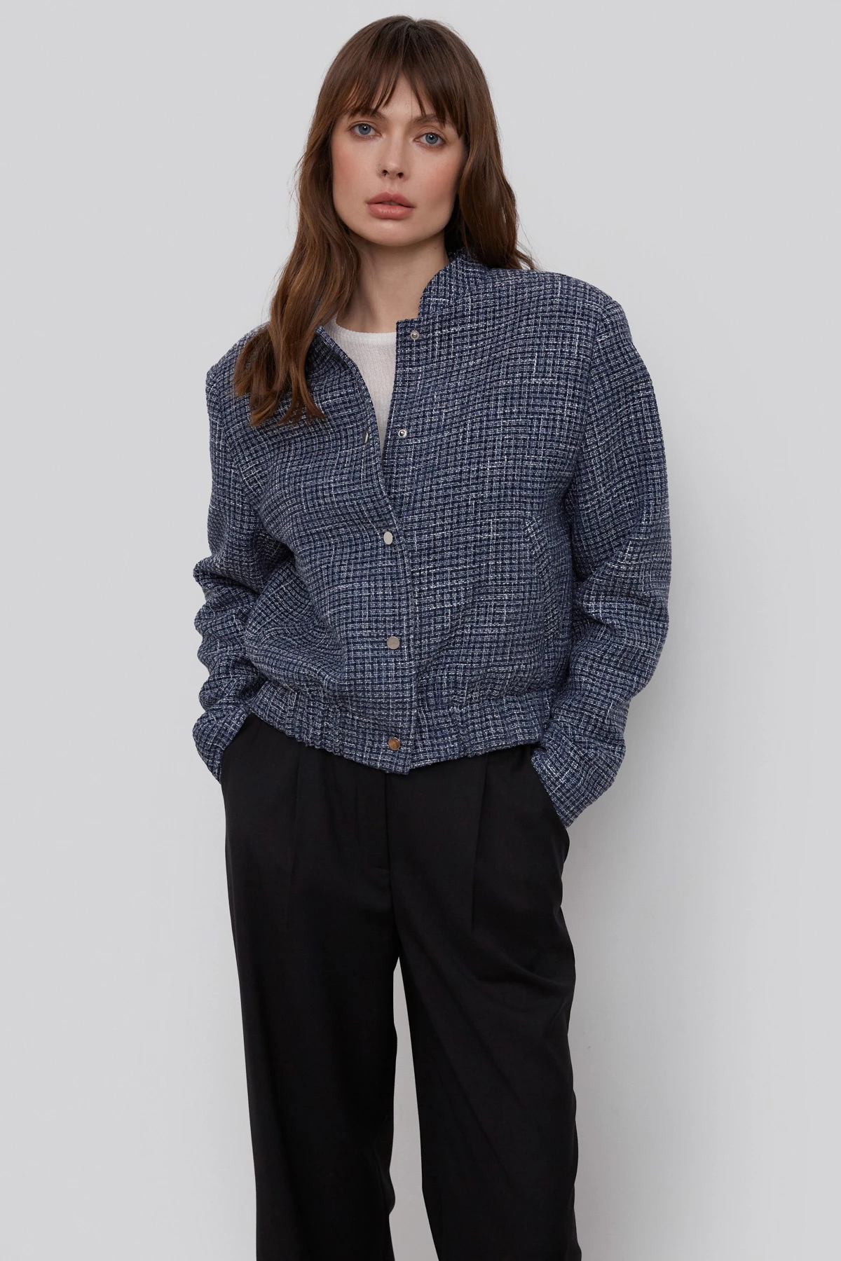 Navy bomber jacket in tweed suit fabric with viscose, photo 1