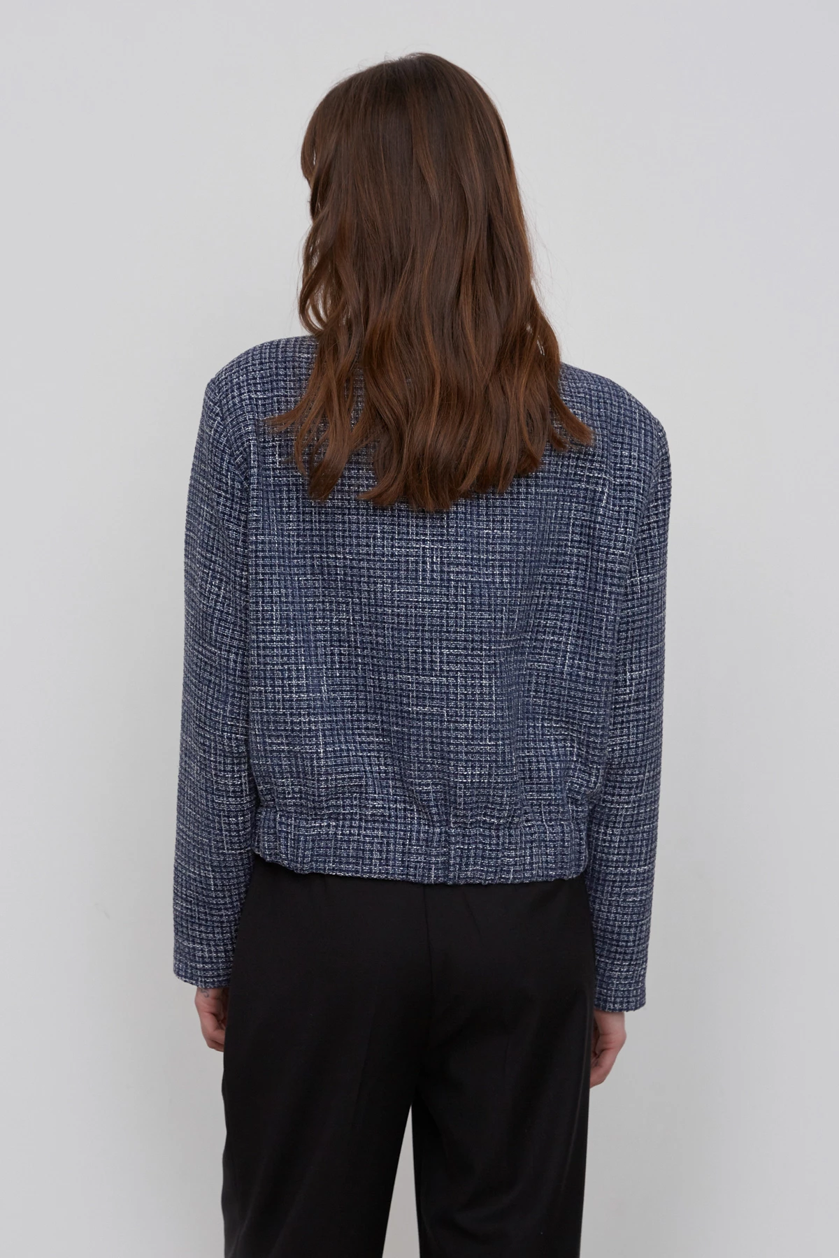 Navy bomber jacket in tweed suit fabric with viscose, photo 4