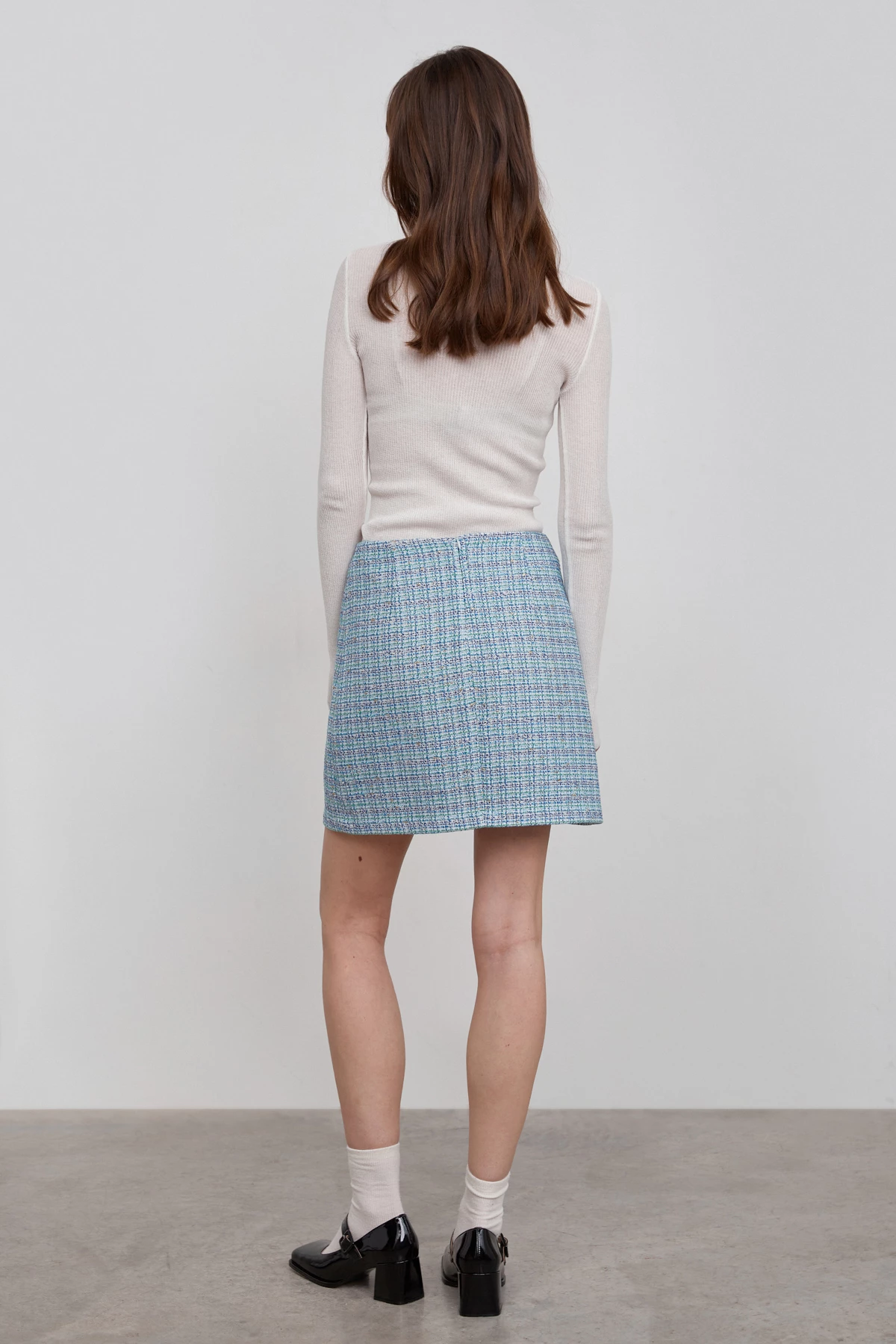 Blue short tweed skirt with cut, photo 4