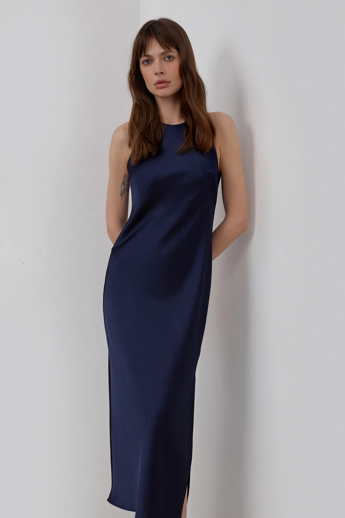 Сукня-комбінація зі щільного сатину темно-синього кольору, фото 2