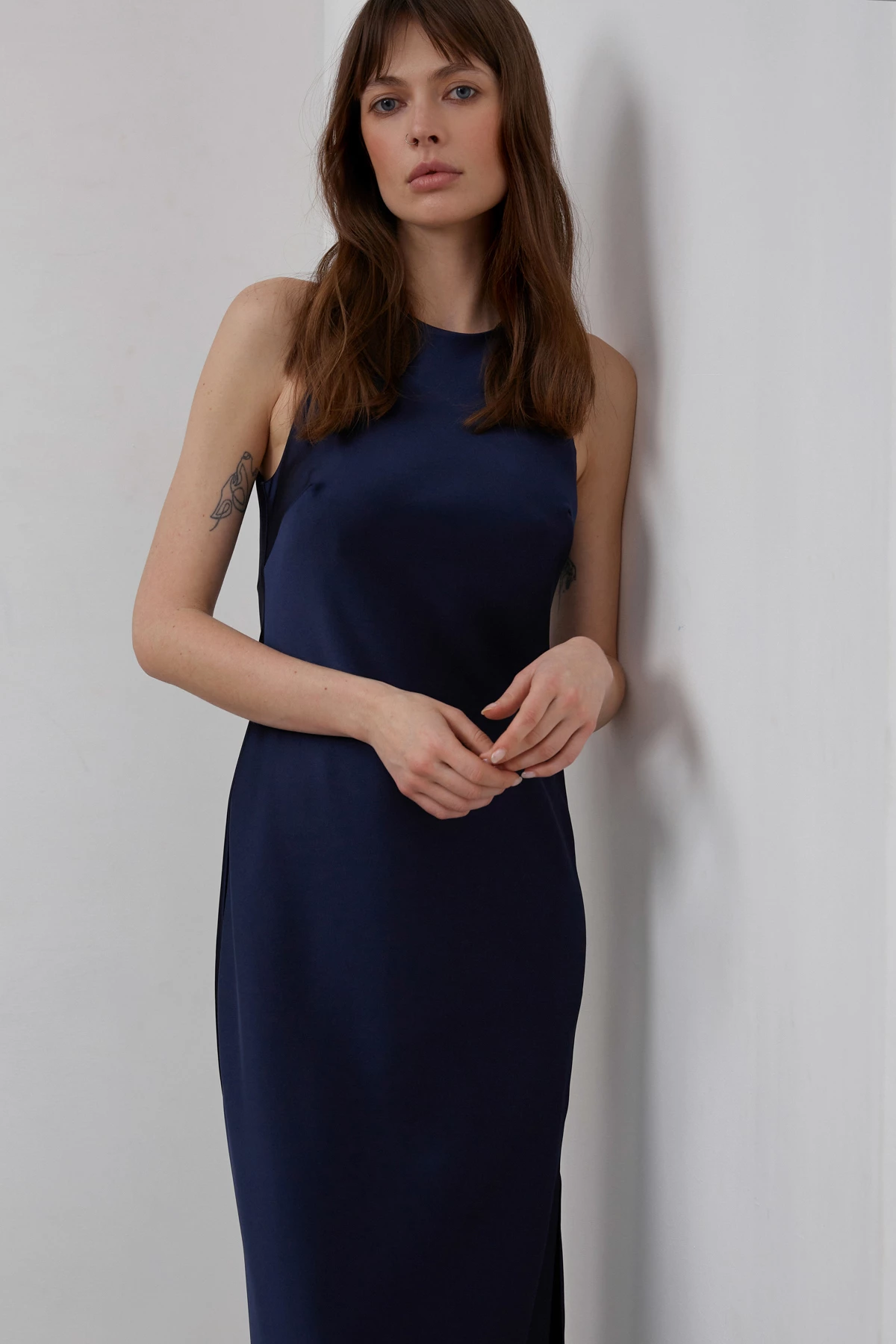 Сукня-комбінація зі щільного сатину темно-синього кольору, фото 3