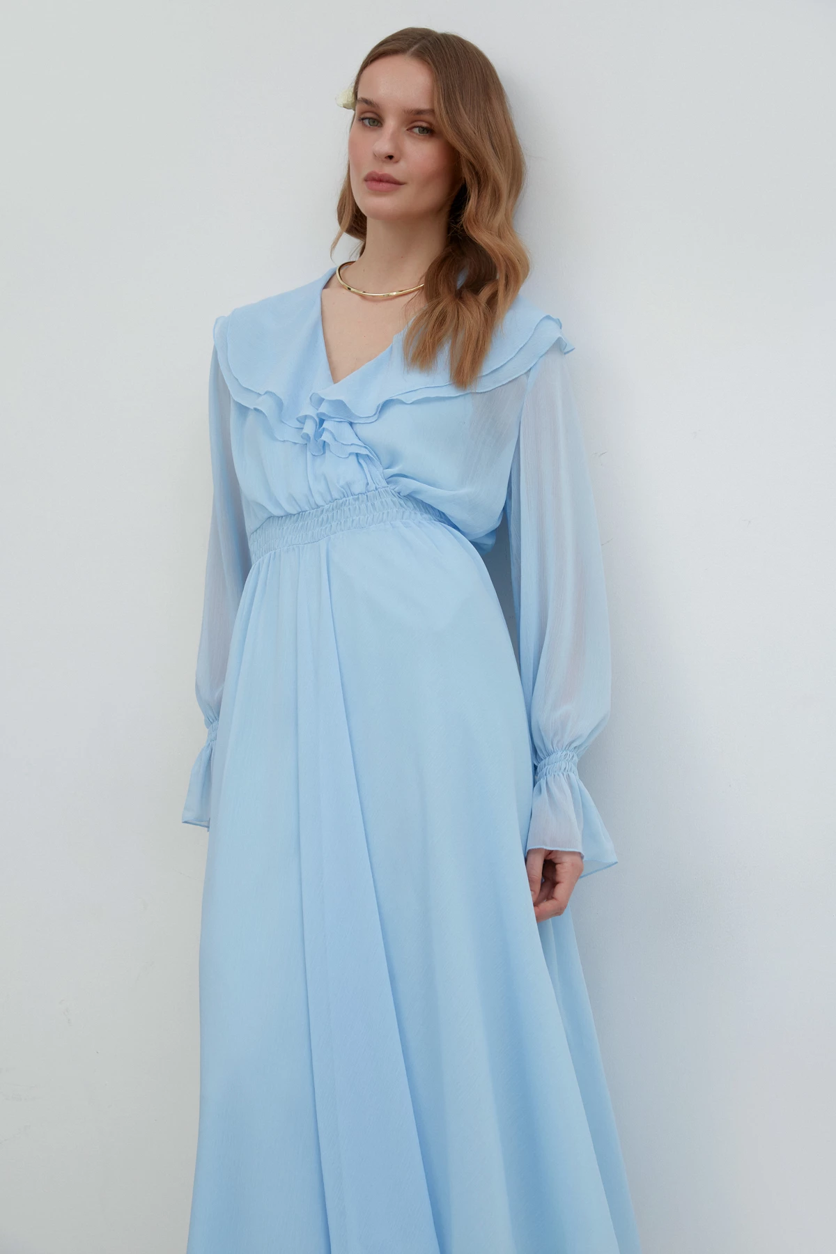 Блакитна сукня міді з креш-шифону з воланом, фото 3