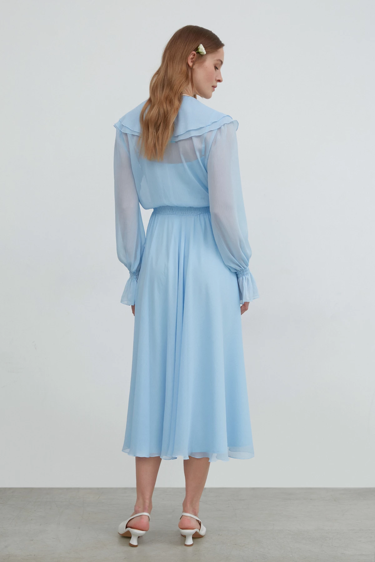 Блакитна сукня міді з креш-шифону з воланом, фото 5
