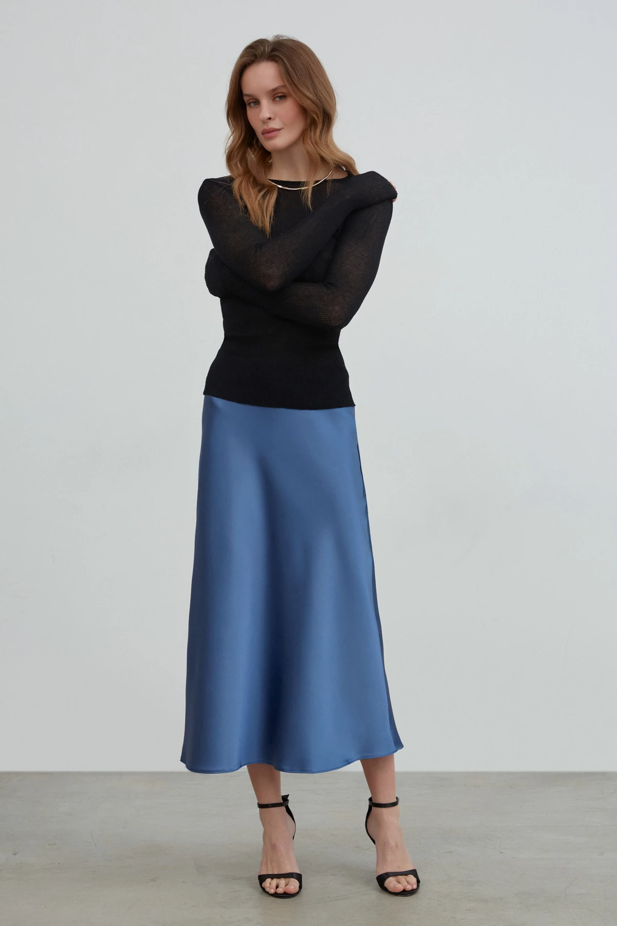Blue satin midi skirt, photo 1