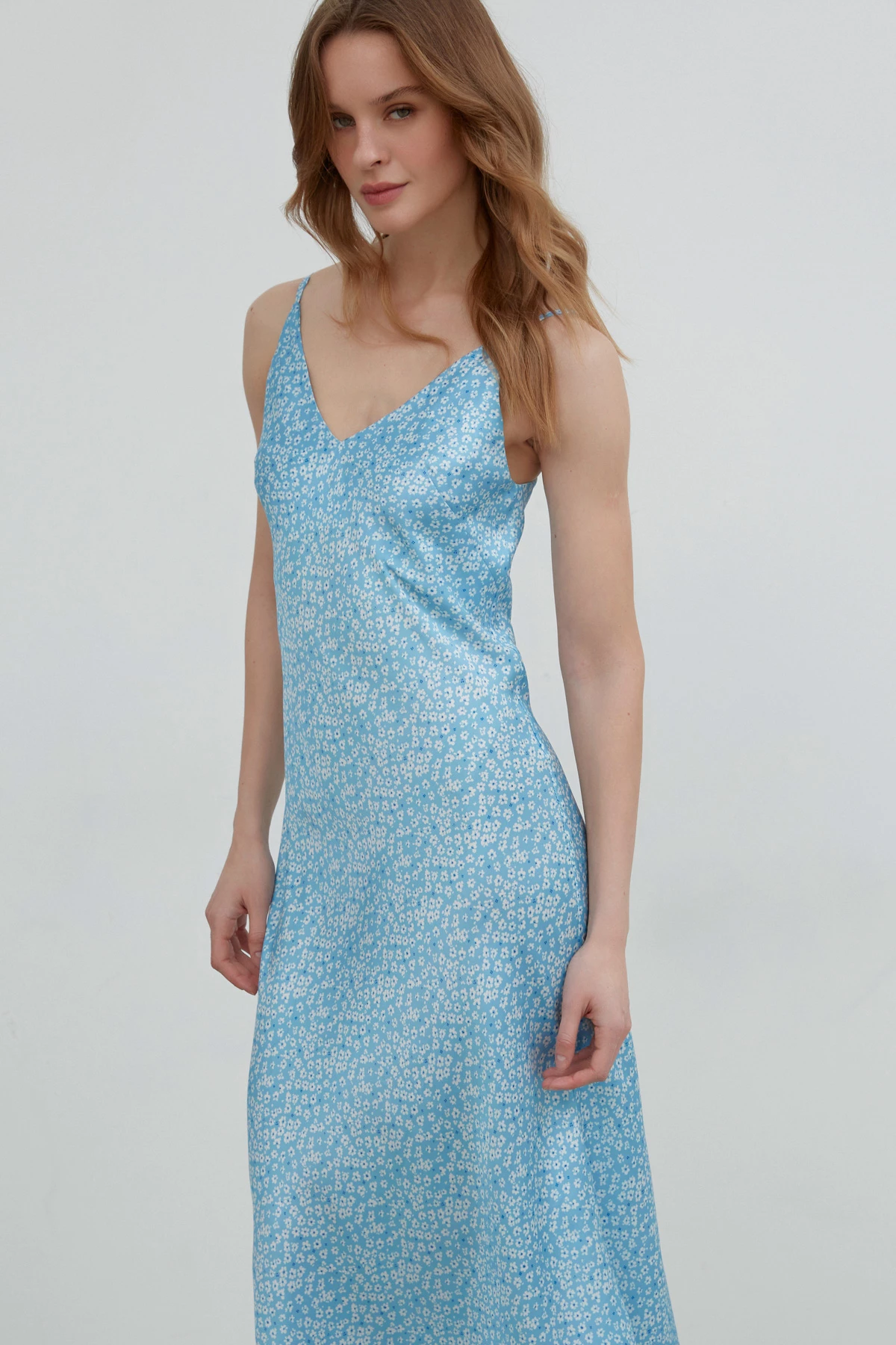 Blue satin midi lenght slip dress in "milky flowers" print, photo 4