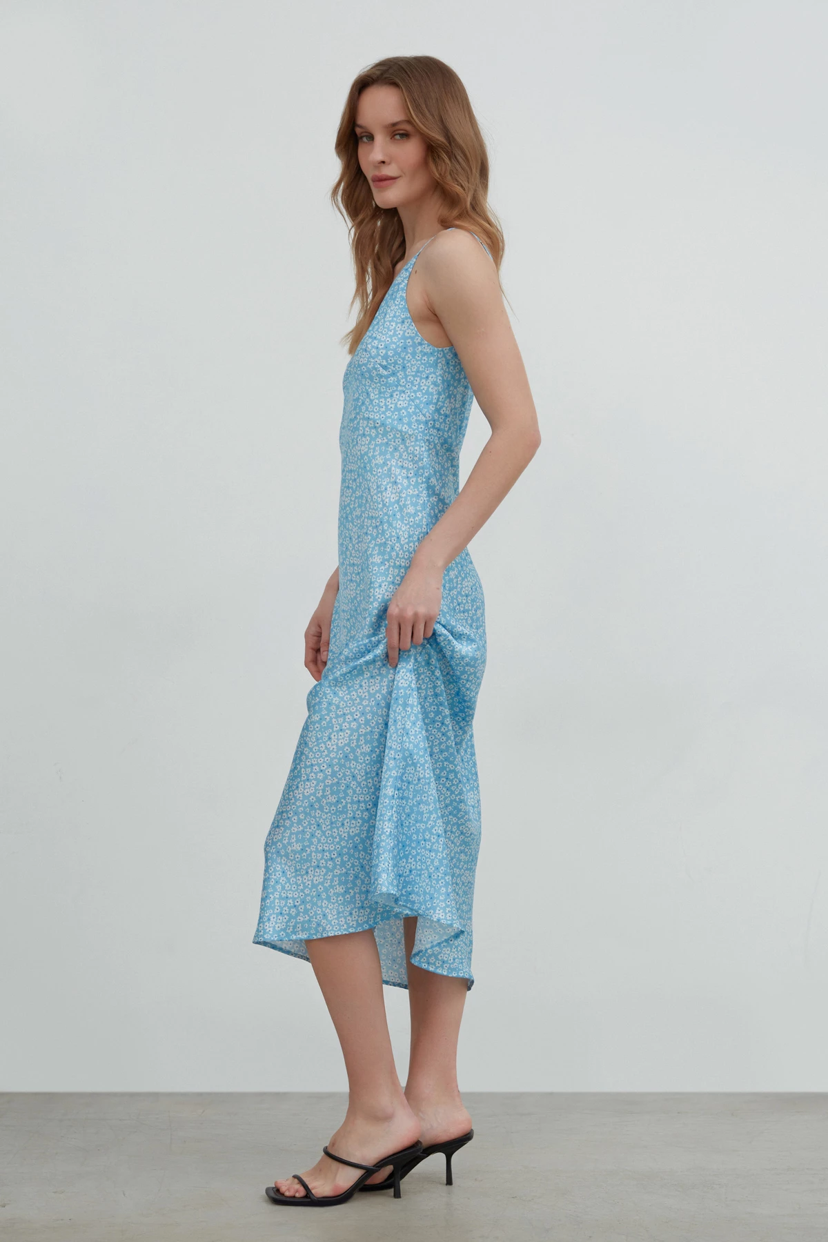 Blue satin midi lenght slip dress in "milky flowers" print, photo 5