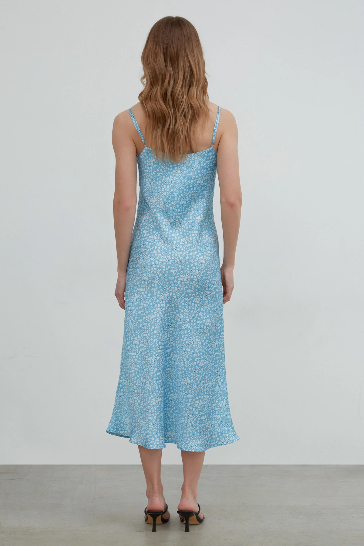Blue satin midi lenght slip dress in "milky flowers" print, photo 6