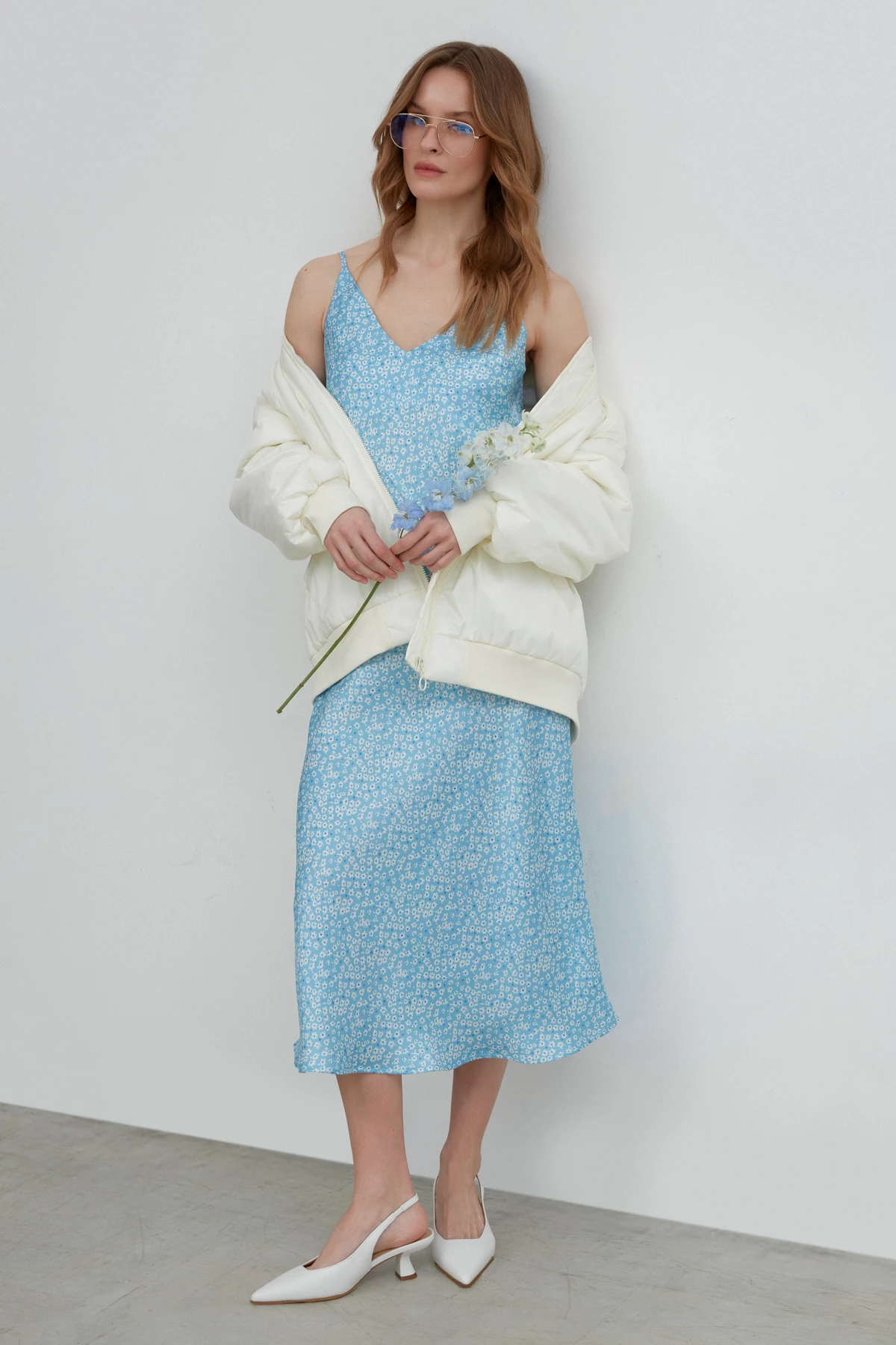 Blue satin midi lenght slip dress in "milky flowers" print, photo 7