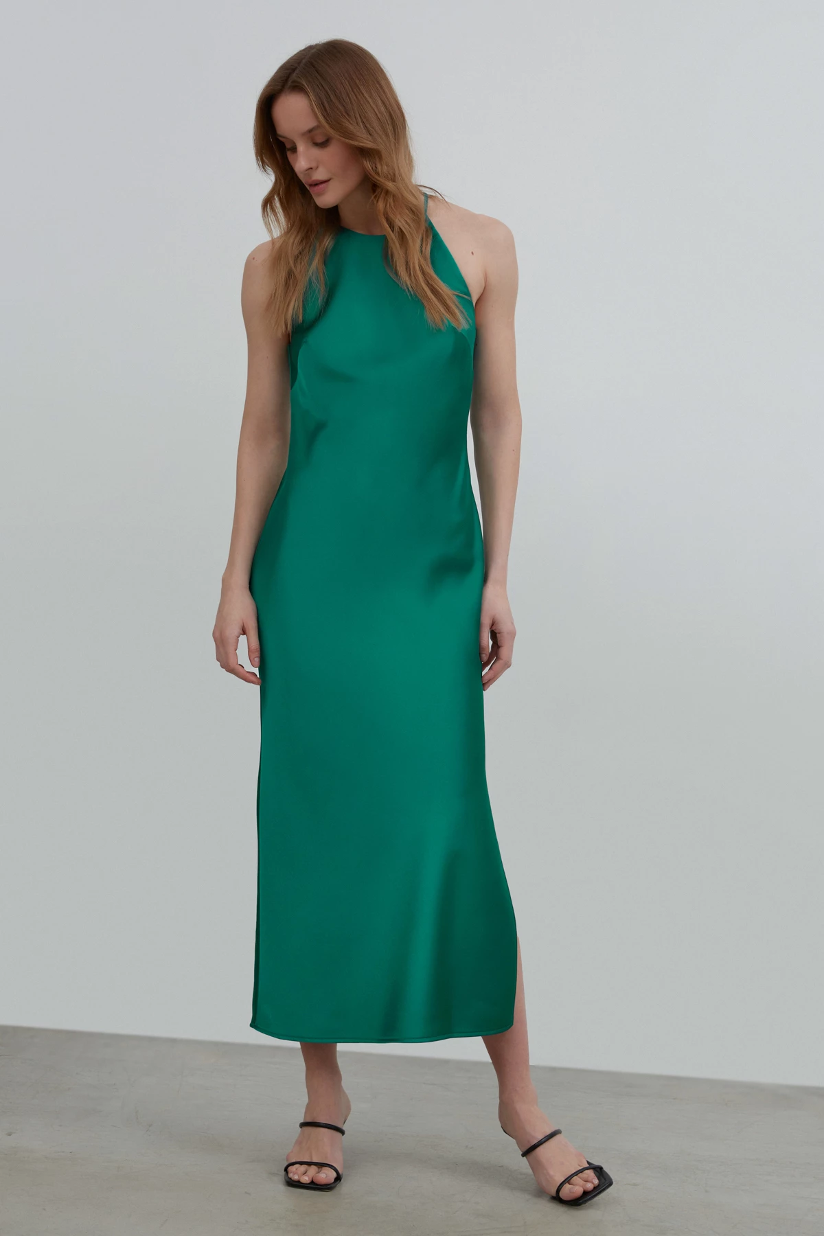 Emerald dense satin midi slip dress , photo 2