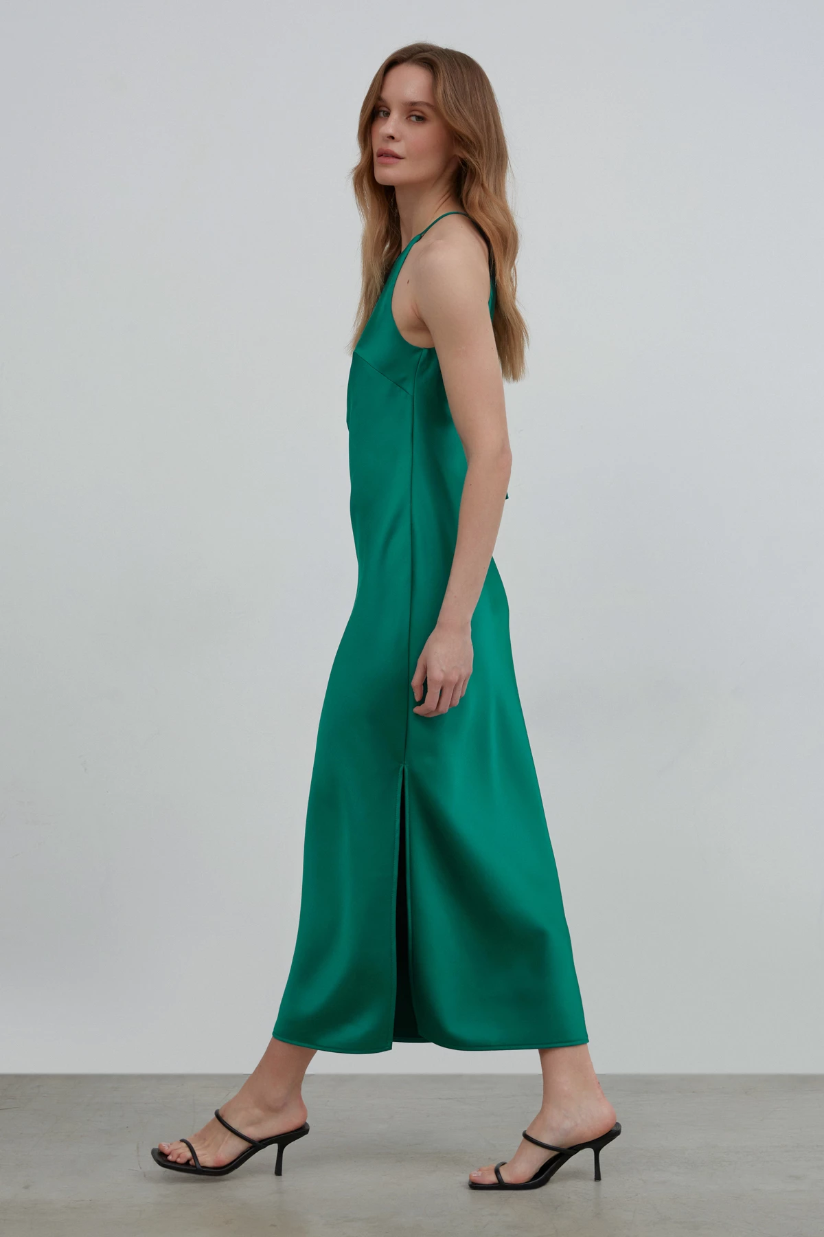 Emerald dense satin midi slip dress , photo 3