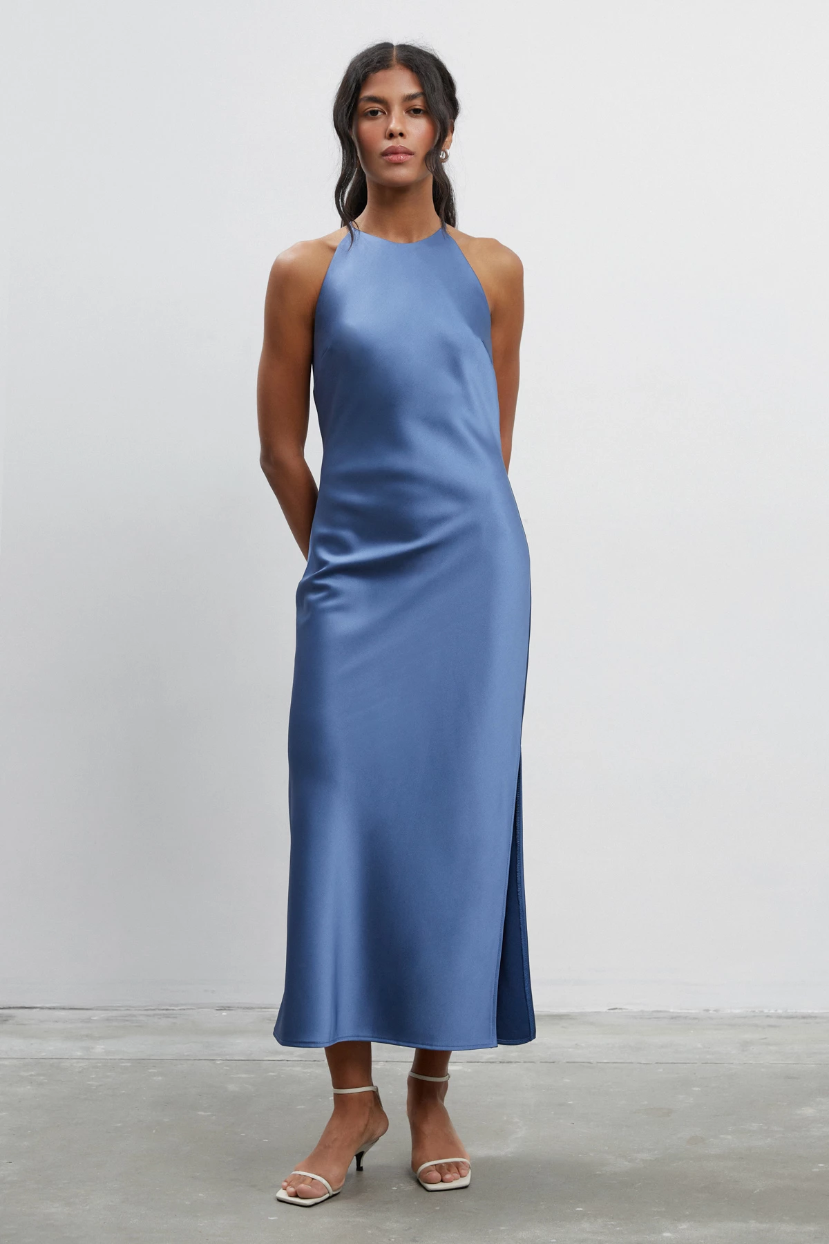 Синя сукня-комбінація міді зі щільного сатину, фото 1
