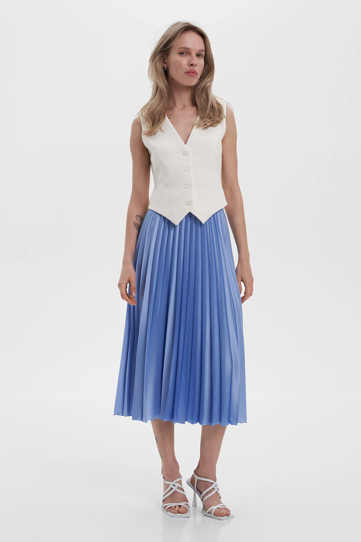 Blue satin midi-length pleated skirt, photo 1