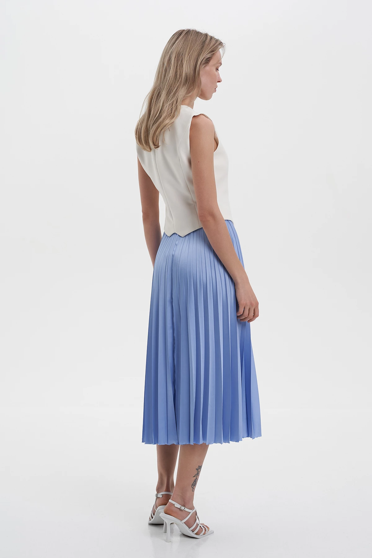 Blue satin midi-length pleated skirt, photo 2