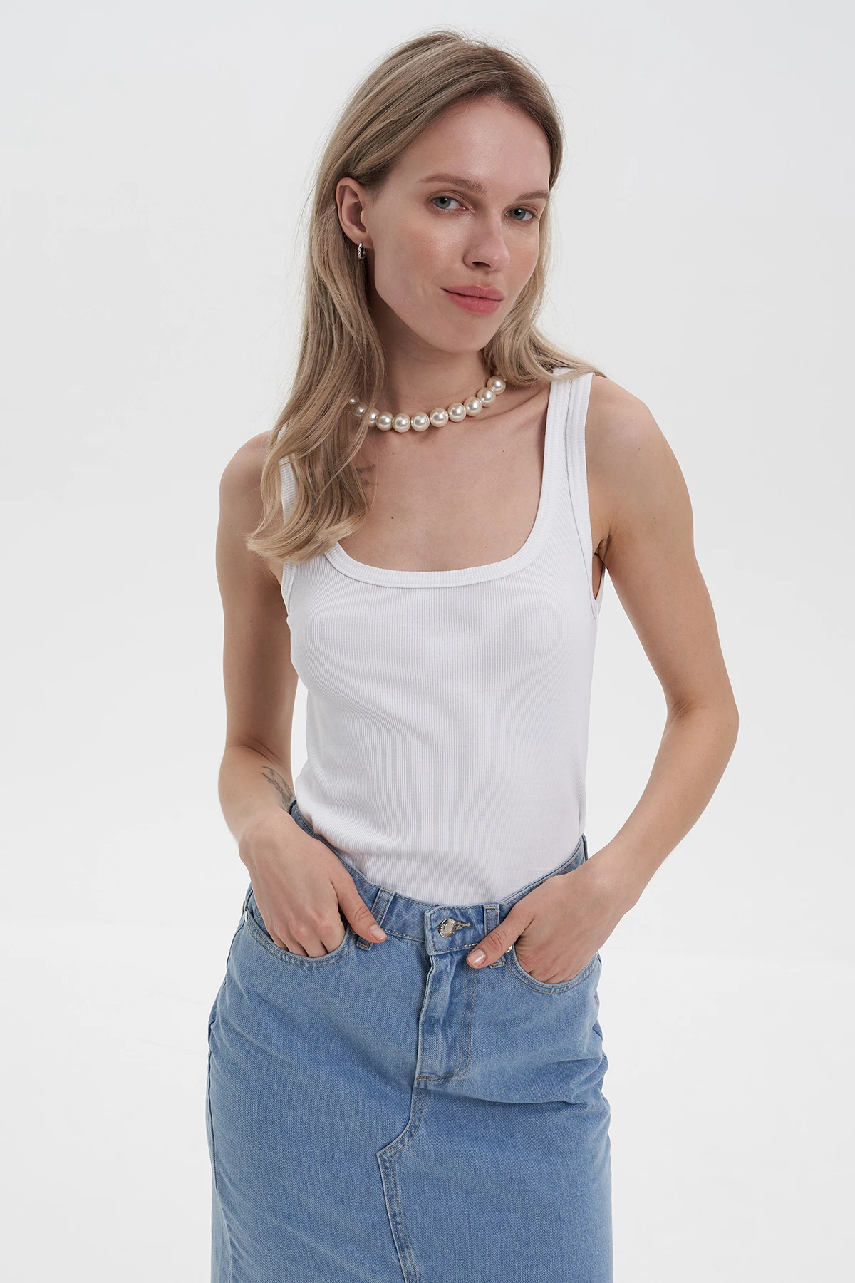 White cotton ribbed tank top with deep oval neckline, photo 1