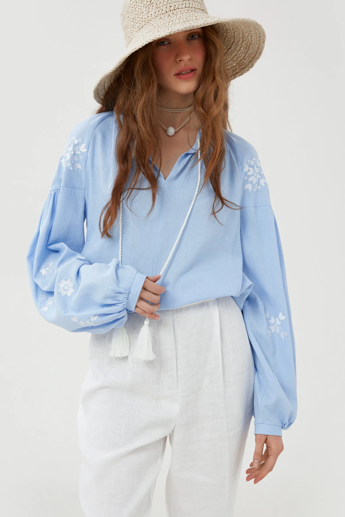 Embroidered shirt "Malvy" with blue linen, photo 1