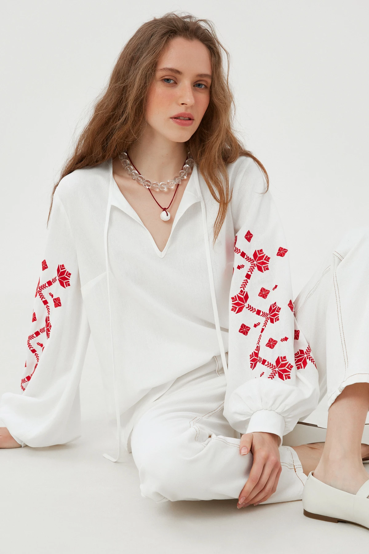 Embroidered milky shirt "Barvinok" with linen, photo 8