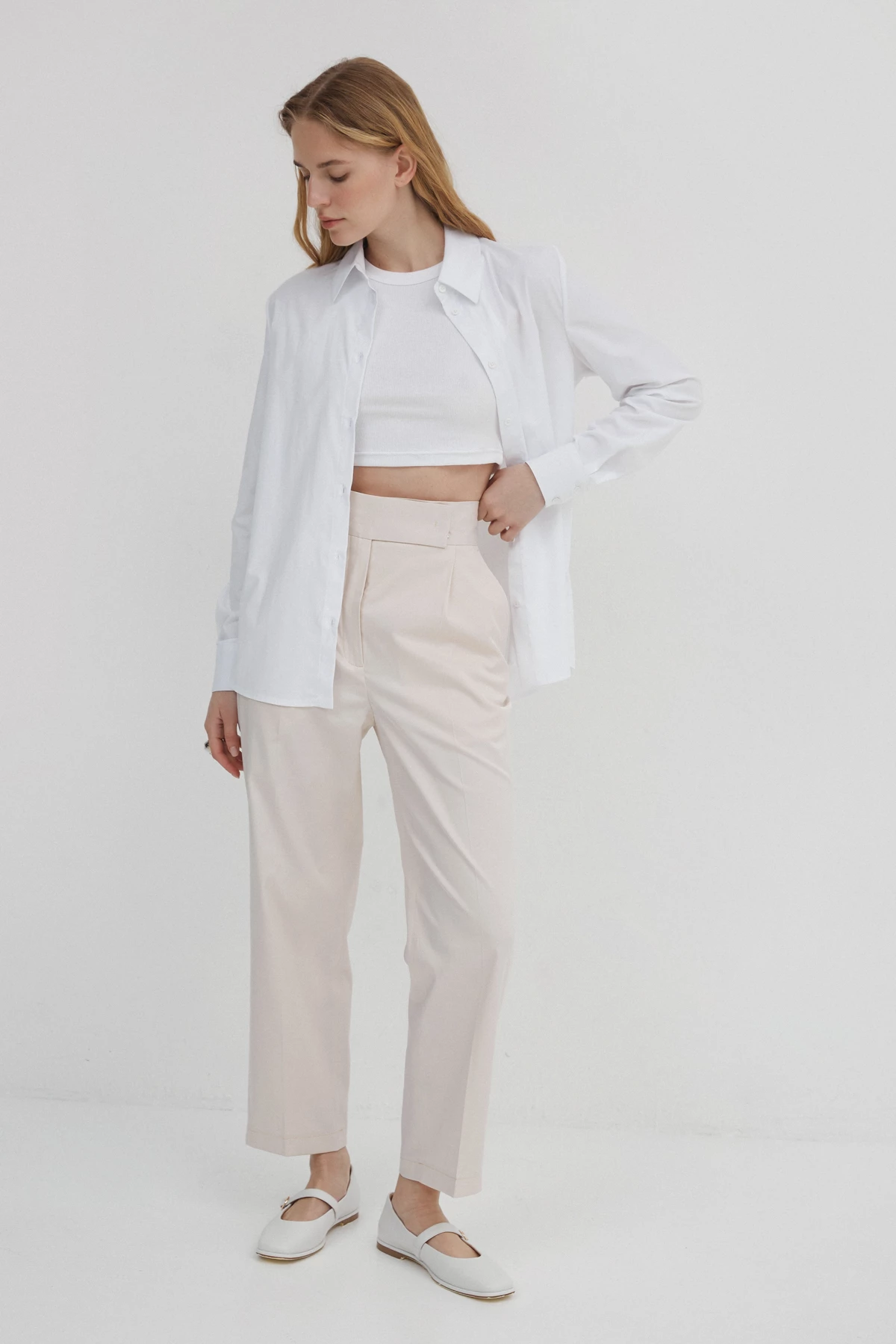 Light beige straight-cut cropped pants with cotton, photo 1