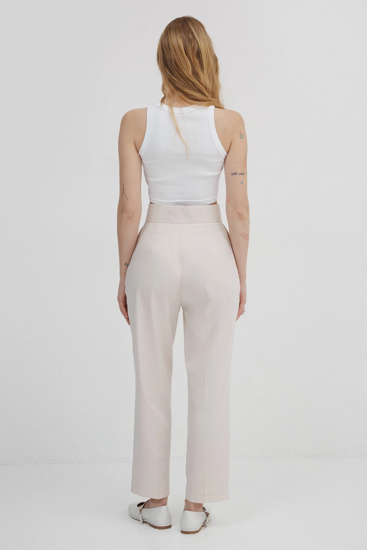 Light beige straight-cut cropped pants with cotton, photo 5