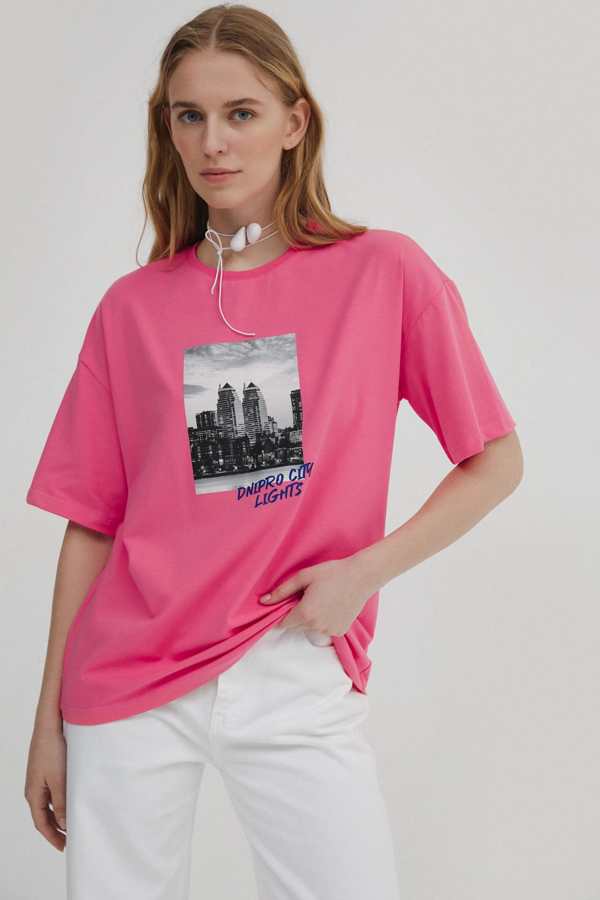 Pink oversize cotton T-shirt "Dnipro city lights", photo 2