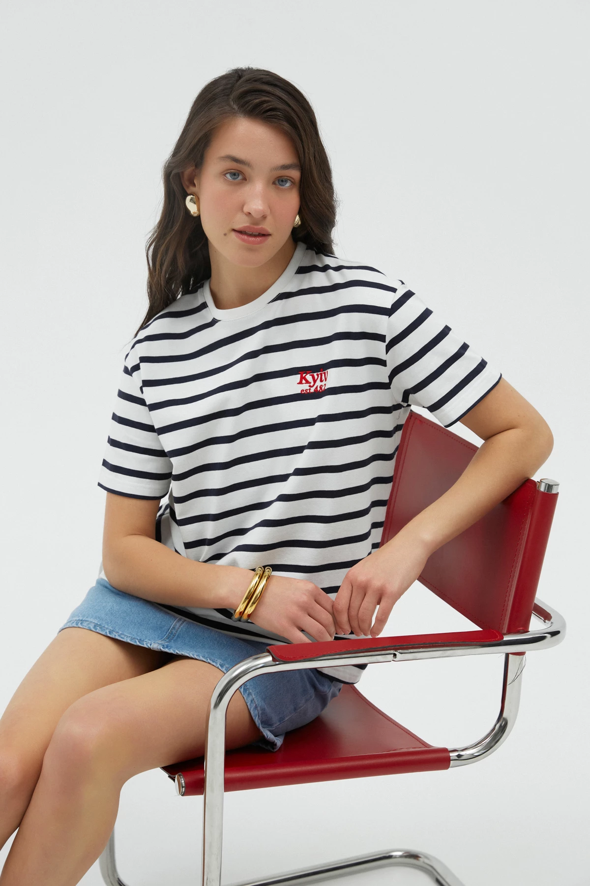 Striped t-shirt with red "Kyiv" embroidery, photo 1