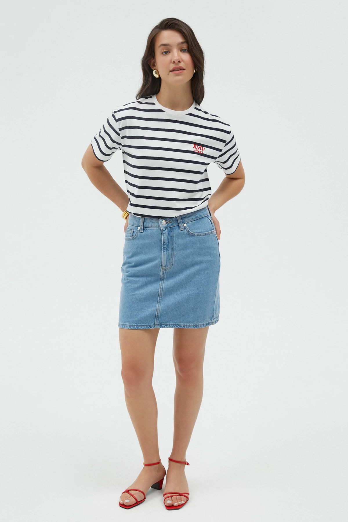 Blue denim short A-line skirt, photo 1