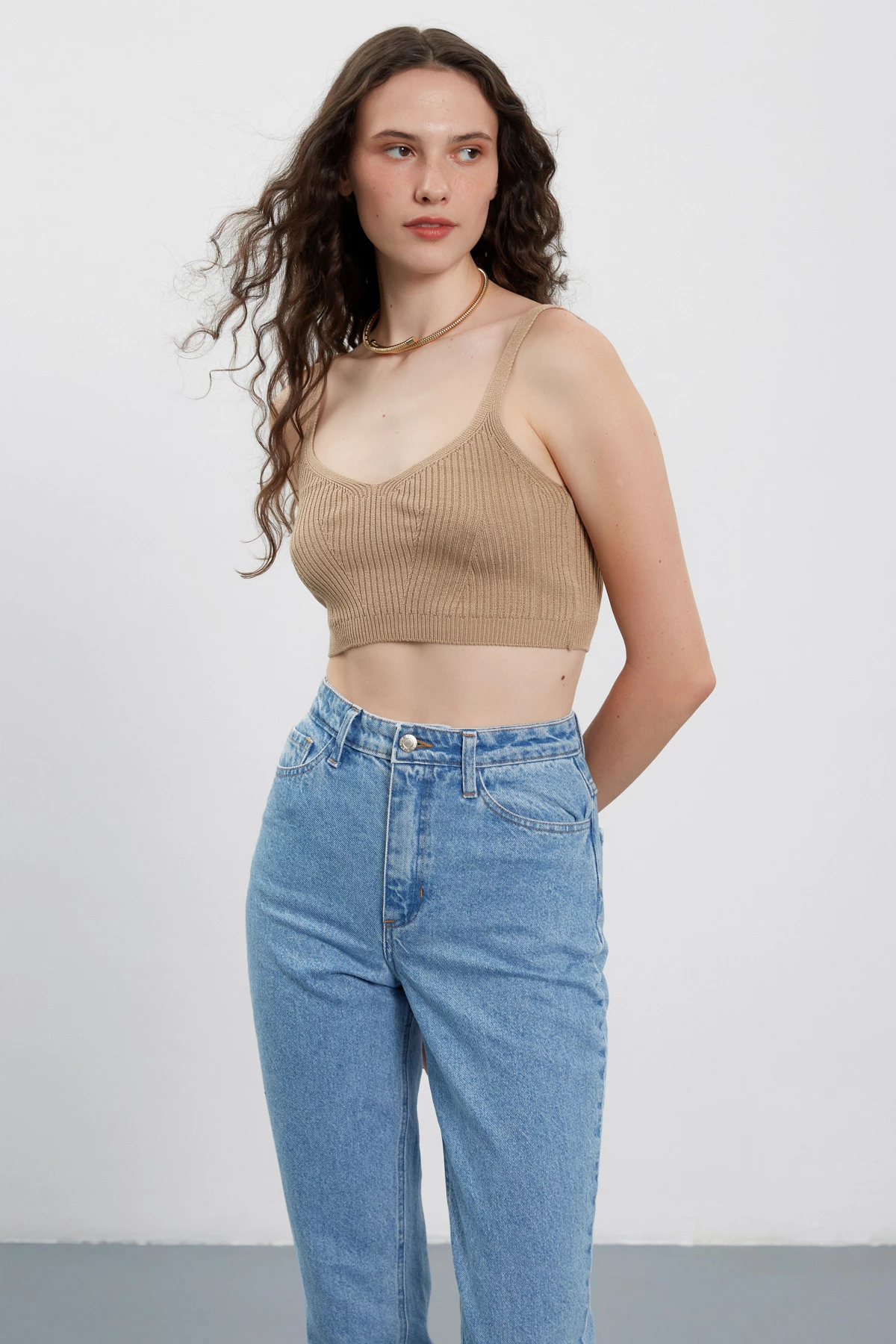 Beige knitted viscose ribbed crop top, photo 1