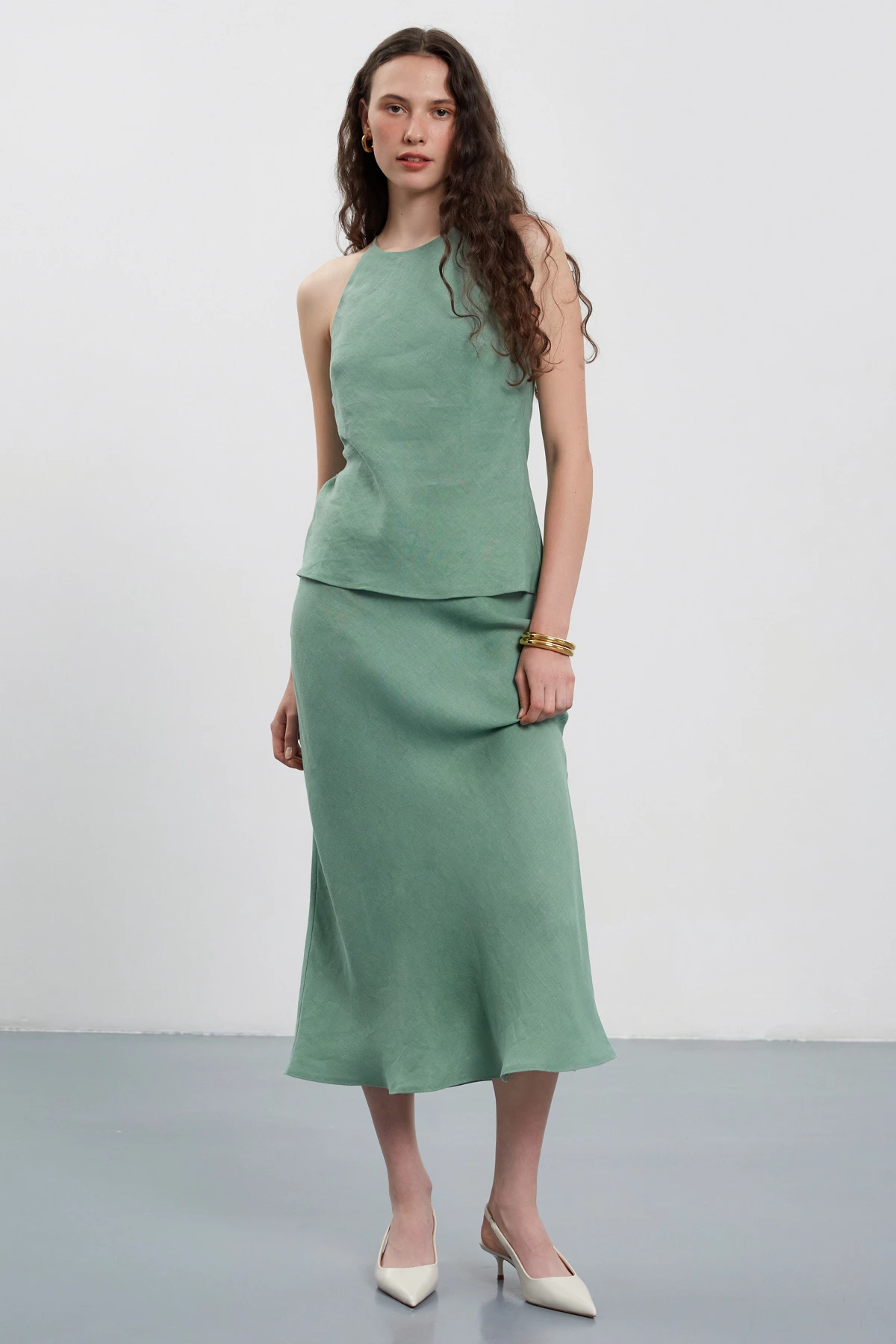 Olive green midi length skirt made of 100% linen, photo 1