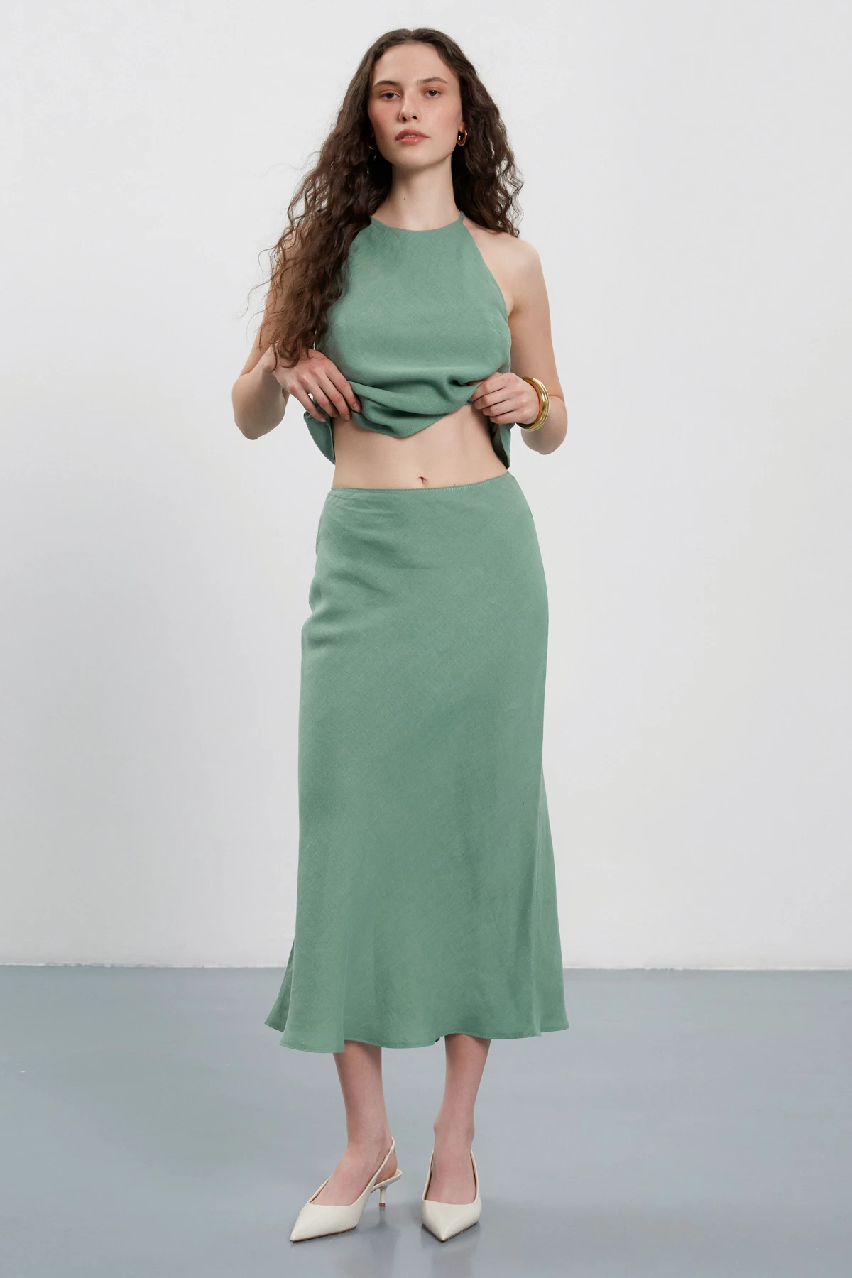 Olive green midi length skirt made of 100% linen, photo 4