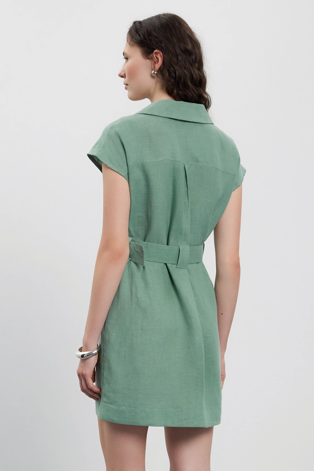 Оливкова коротка сукня на гудзиках з 100% льону, фото 6
