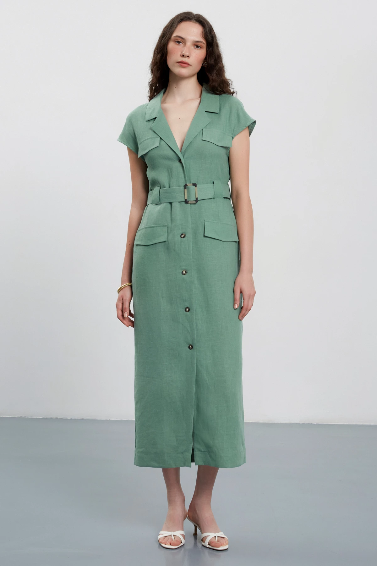 Olive green 100% linen midi dress with buttons, photo 1