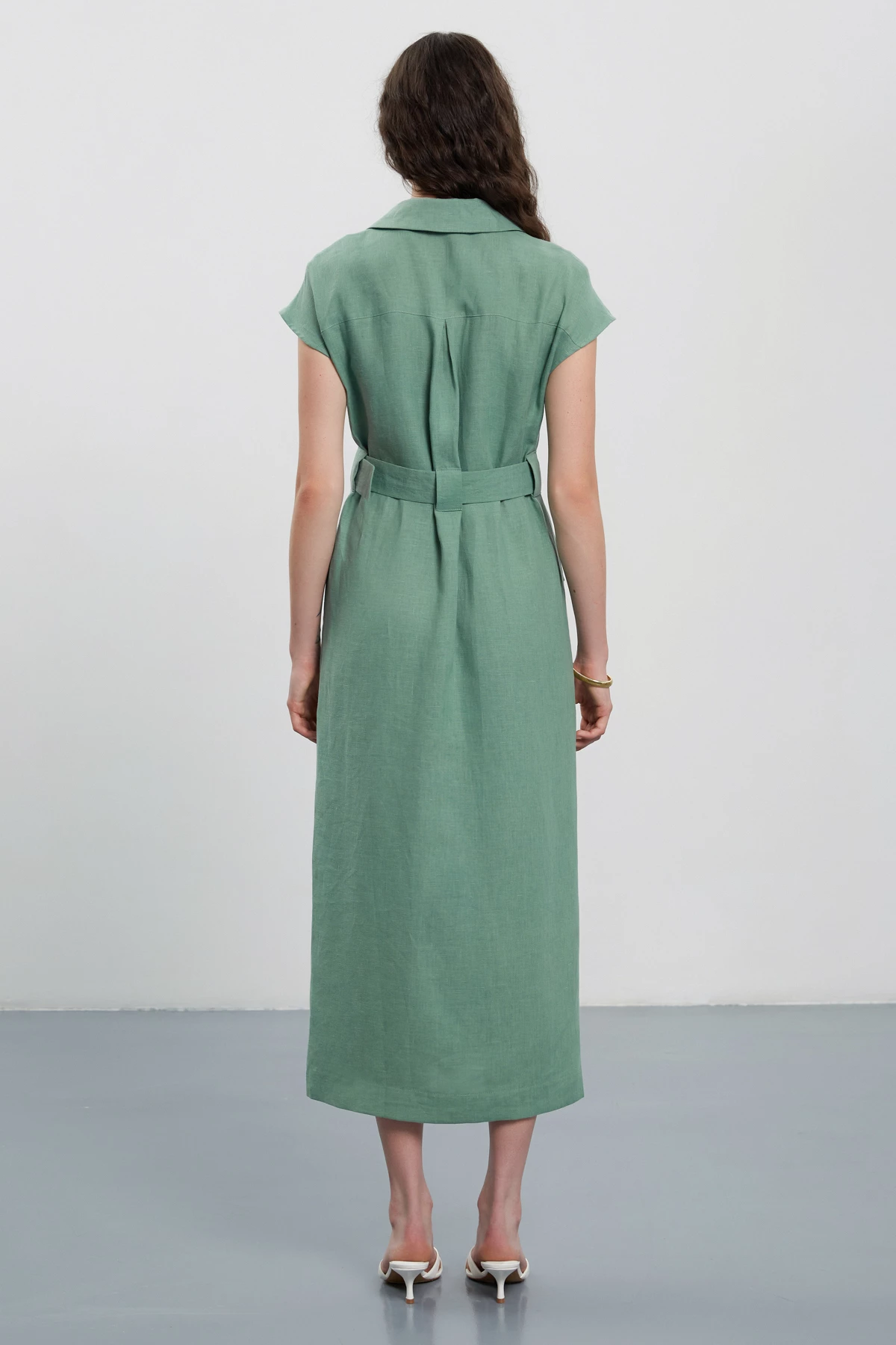 Оливкова сукня міді на ґудзиках з 100% льону, фото 6