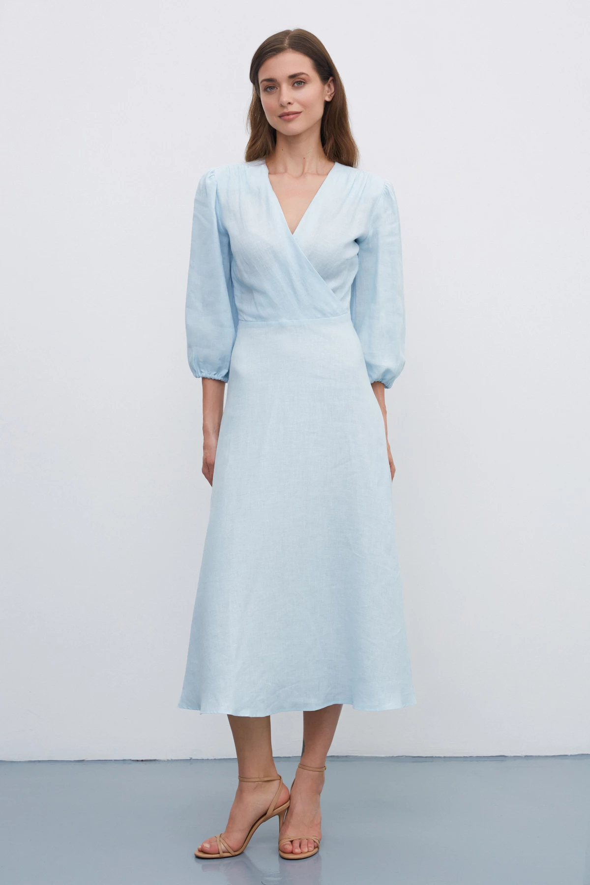 Light blue 100% linen midi dress, photo 1