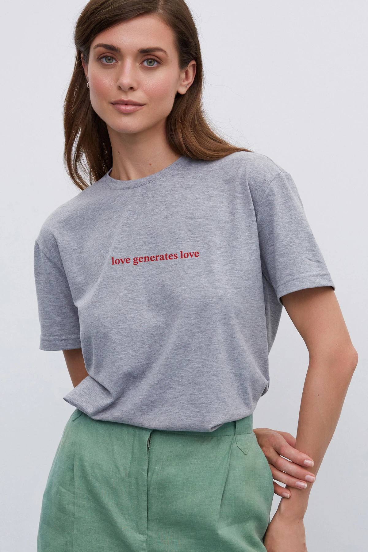 Basic gray melange T-shirt "Love generates love" made of cotton, photo 1