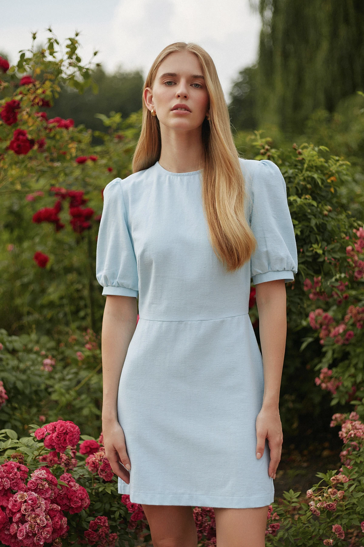 Blue short dress with lantern sleeve with linen, photo 1