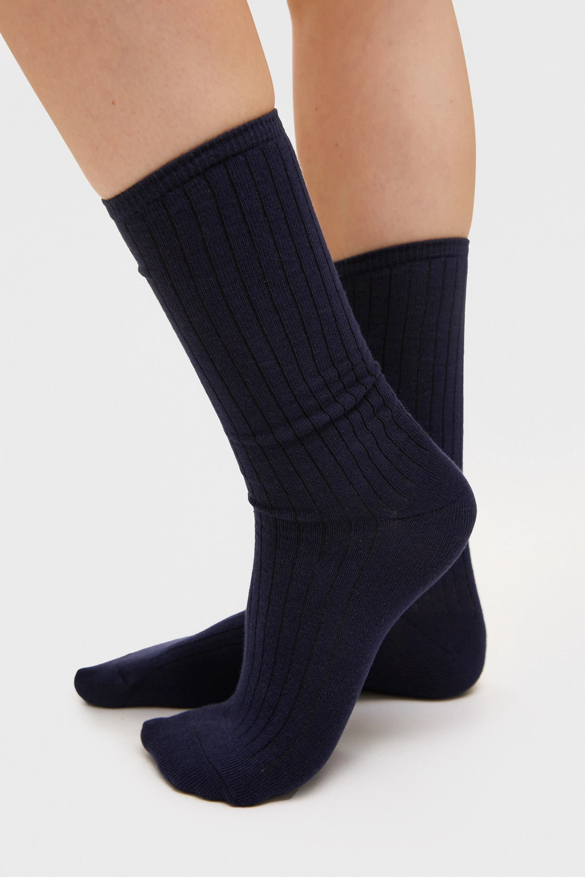 Високі бавовняні шкарпетки в рубчик темно-синього кольору, фото 1