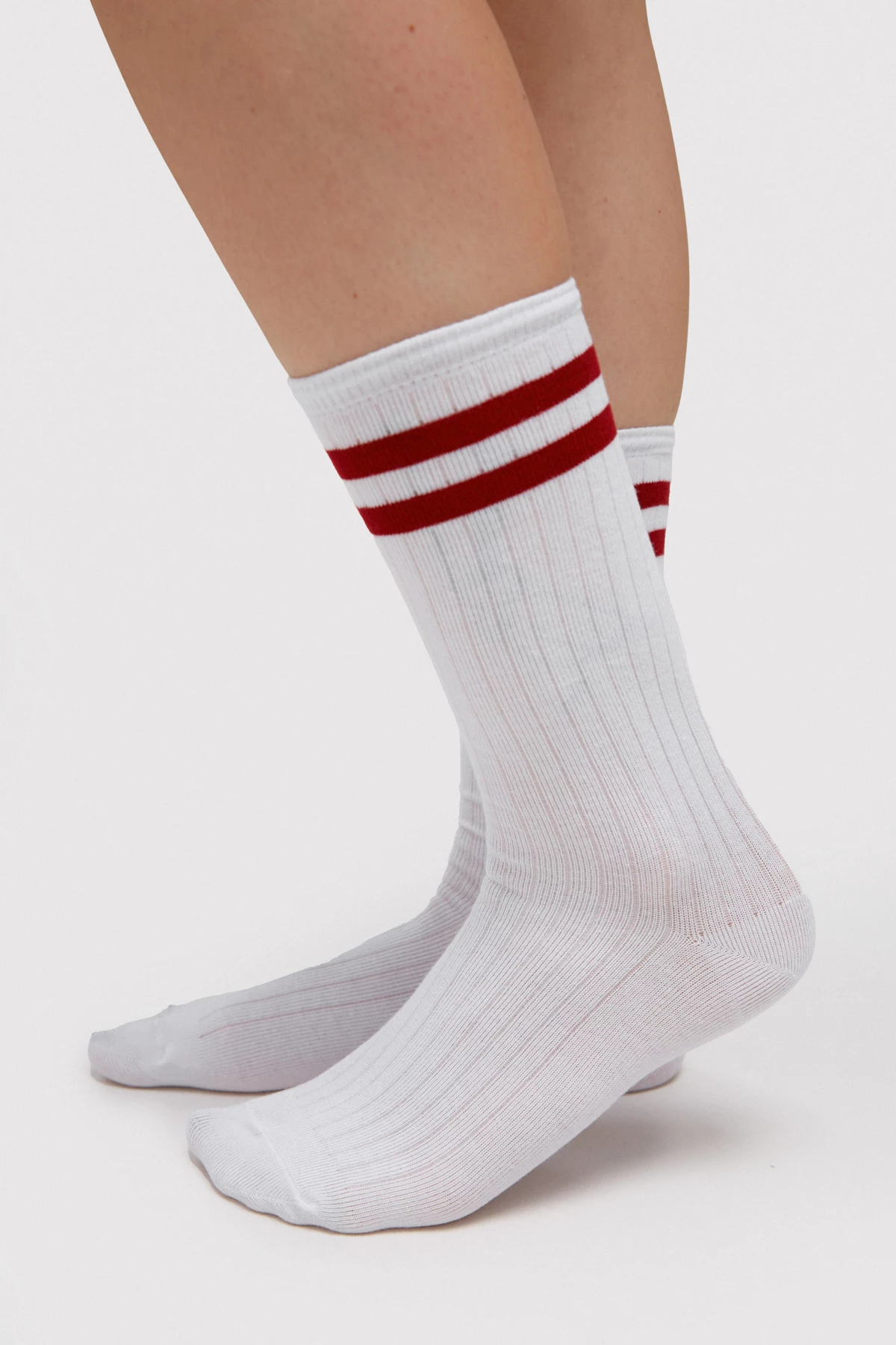 Високі білі бавовняні шкарпетки з бордовими смужками, фото 1