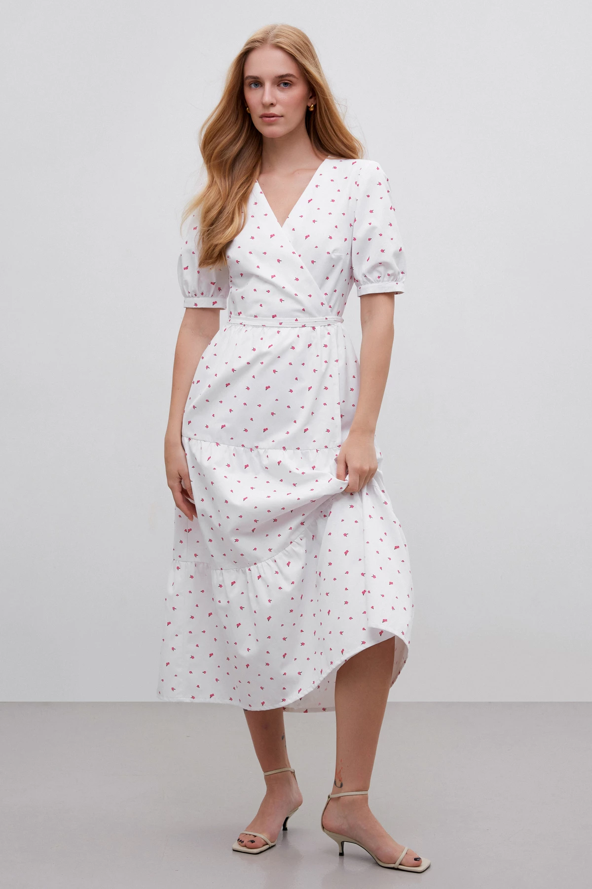 Midi dress with voluminous sleeves in "pink flowers" print with cotton, photo 1
