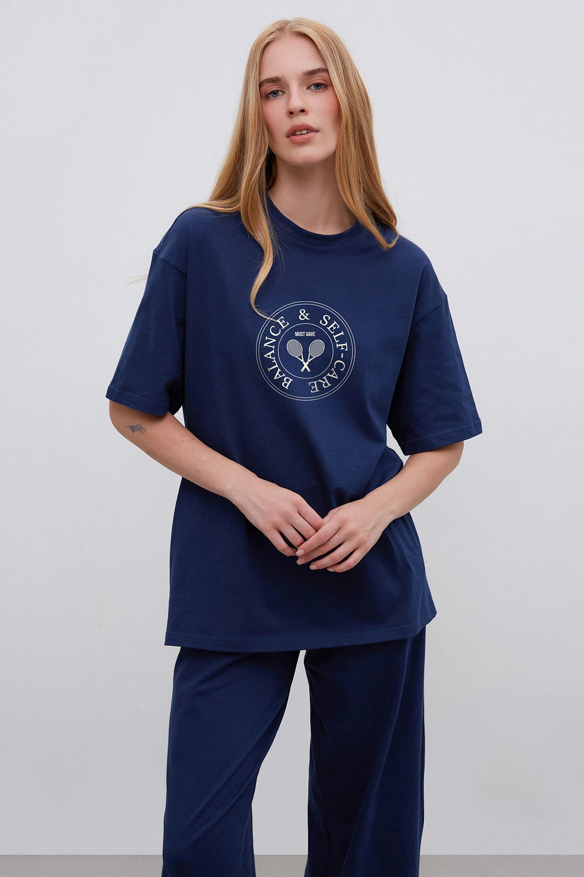 Dark blue T-shirt "Balance & Self-care" with cotton, photo 1