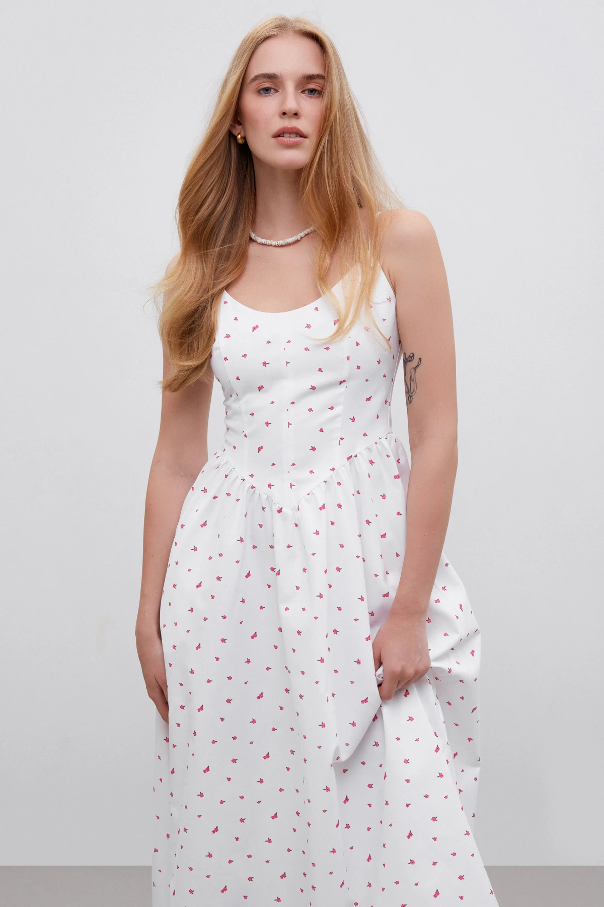 Dress with a corset top in a "pink flowers" print with cotton, photo 1